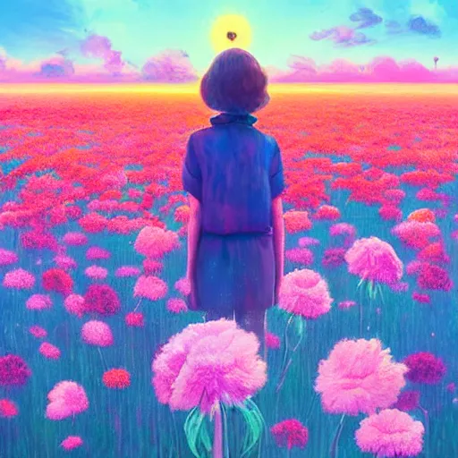 Image similar to head made of carnations flower, girl standing in a vast flower field, surreal photography, sunrise dramatic light, impressionist painting, colorful clouds, large sky, digital painting, artstation, simon stalenhag, flower face