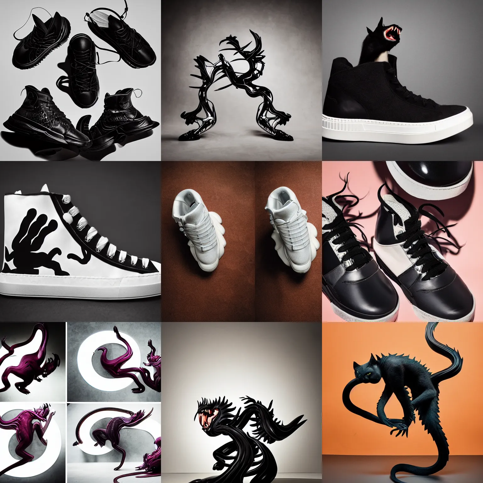 Prompt: collector sneakers inspired by a displacer beast, studio photography, fun lighting,