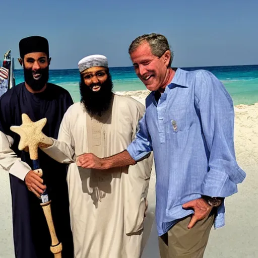 Prompt: osama bin ladan hanging out with george w bush jr hitting the bong on a beautiful sunny day on the beach in the middle of mexico