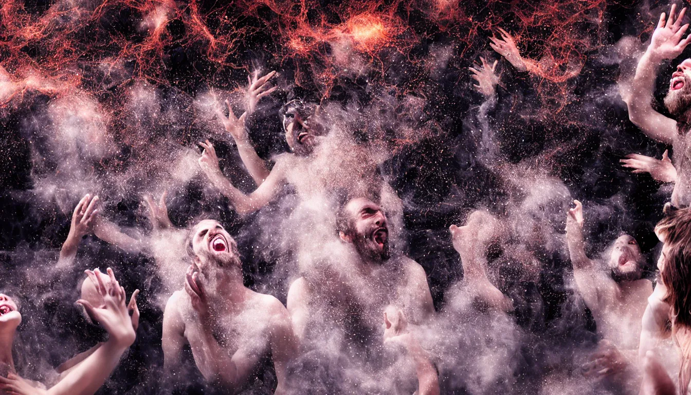 Prompt: feedback loop , burst of powders ,detailed entangled fibres ,volumetric lighting, twisting vapour, bellowing dust ,flowing shimmering fabrics, emerging hands and an ancient male bearded face , Hundreds of humans , emerging hands and beautiful women’s and men screaming laughing and crying face , full colour , upscale , 4k