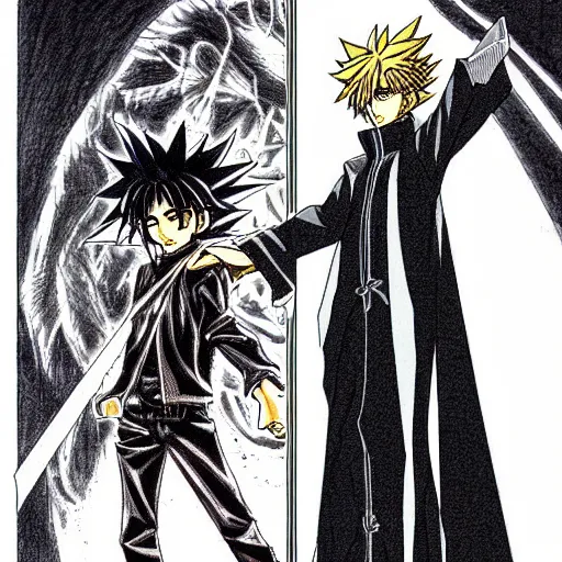 Image similar to portrait anime, manga drawing of yugi muto versus sauron by kazuki takahashi