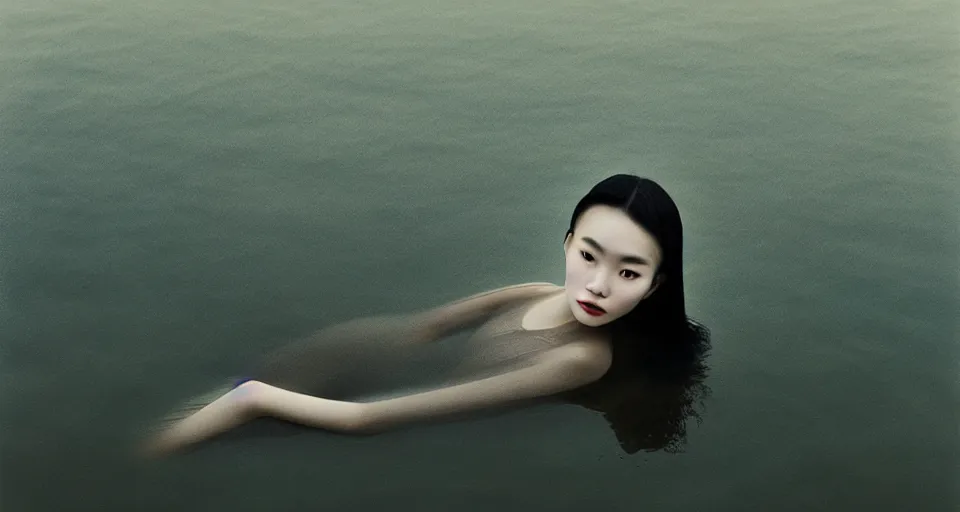 Image similar to medium closeup shot, flash long exposure photography of asian woman fashion posing in the lake, photograph by ren hang, digital illustration by ruan jia, sharp focus, high details