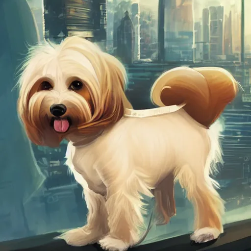 Prompt: cream colored havanese dog dressed as a super hero, looking over a futuristic city, wide shot, highly coherent, saga comic, graphic novel, fiona staples