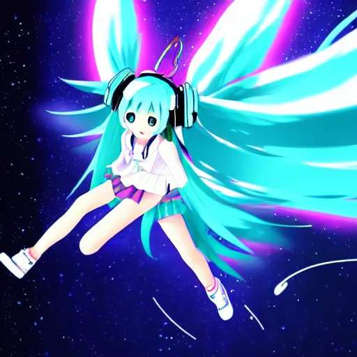 Image similar to pixiv artwork of hatsune miku flying through the night sky