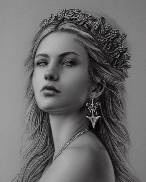 Prompt: pencil drawing of a beautiful greek goddess aphrodite wearing a laurel wreath and arrowhead earrings, beautiful piercing eyes with sexy look, beautiful blonde hair, hyper realistic face, in the style of greg rutkowski, fantasy, amazing detail, epic, elegant, smooth, sharp focus, from the front