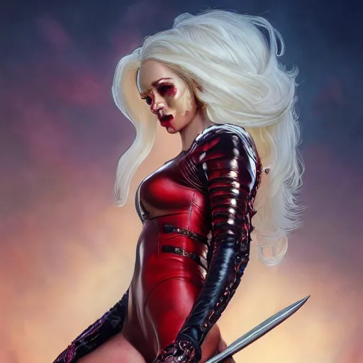 Image similar to portrait of a female demon with red skin wearing a skintight leather jacket holding a sword!!, intricate, elegant, highly detailed, digital painting, artstation, concept art, smooth, sharp focus, illustration, art by artgerm and greg rutkowski and alphonse mucha, 8 k