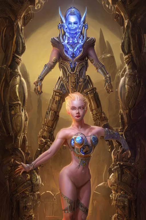 Prompt: portrait of a beautiful female hybrid cybernetic atlantean anubis elsa jean alien warrior, regal, realistic, refined, detailed, digital art, jessica rossier, michael cheval, esao andrews, steampunk, walt disney ( 1 9 3 7 ), francois boucher, oil painting, highly detailed, cinematic lighting, unreal engine, 8 k, hd