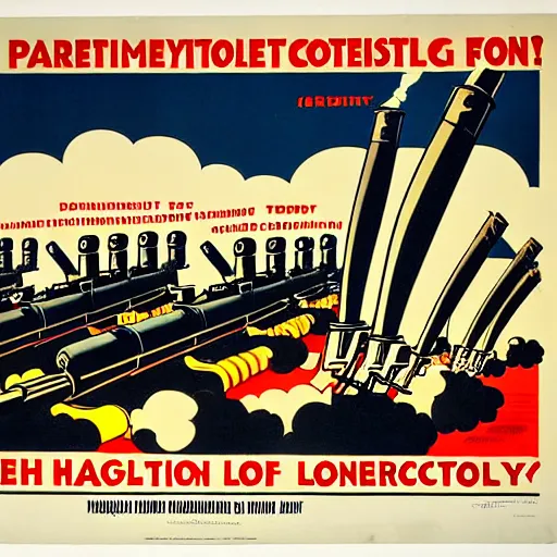 Image similar to propaganda poster featuring an extremely large number of artillery cannons, artillery, guns, production line inside a factory, parallel lines, limited palette, ww 1