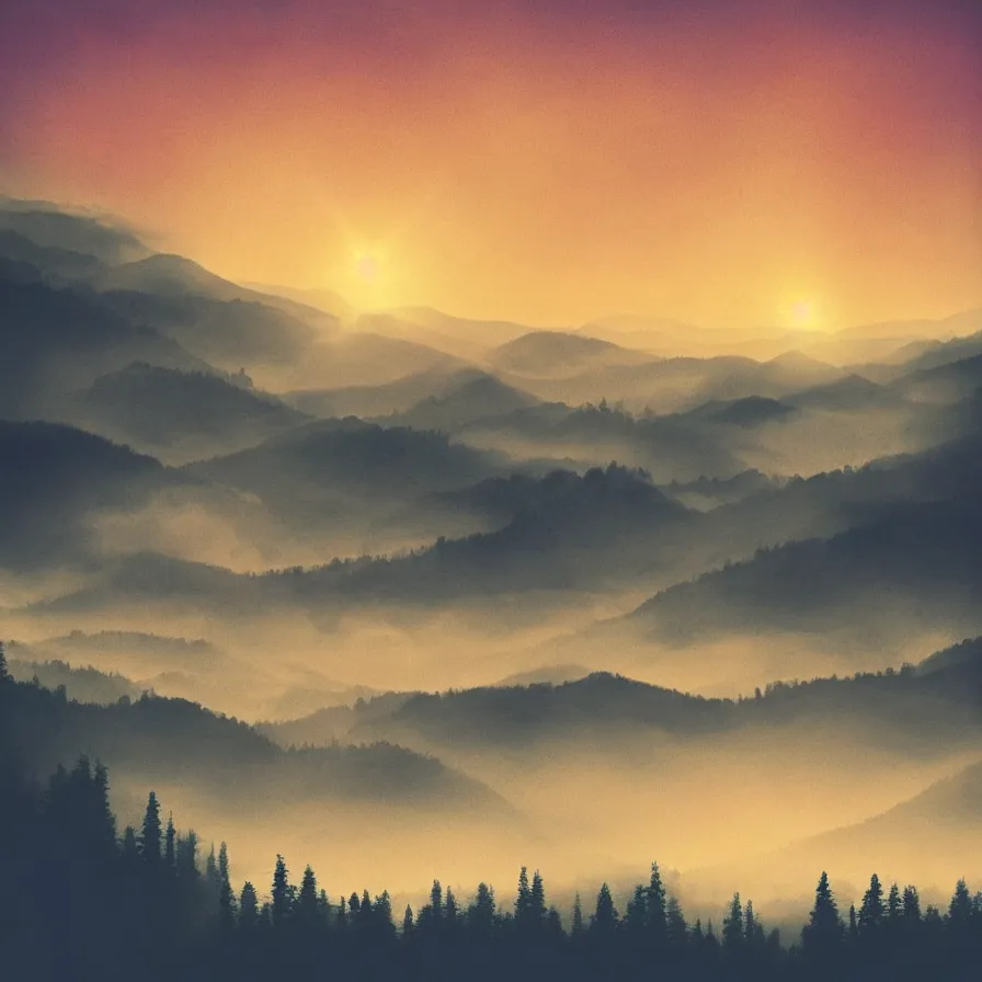 Prompt: unique artwork for an atmospheric indie music album titled :'the long road to the sun '. forests, valley, distant hills, clouds, sunrise, foggy, horizon, hopeful and dreamy