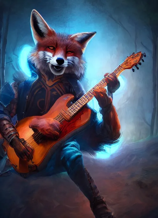 Prompt: An epic fantasy comic book style portrait painting of a fox plays a guitar on concert background, unreal 5, DAZ, hyperrealistic, octane render, cosplay, RPG portrait, dynamic lighting