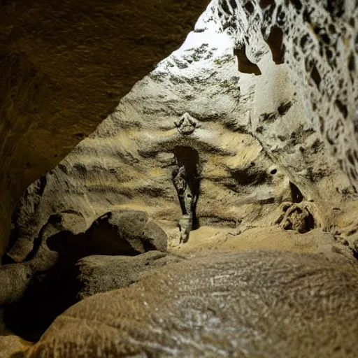 Prompt: photo inside a cavern of a scary wet lizard humanoid partially hidden behind a rock watching a tourist