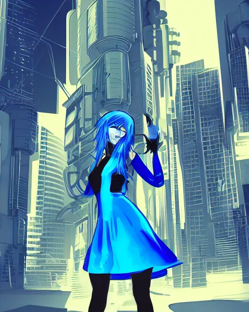 Image similar to cel shaded art of a pretty blue haired girl wearing a dress, cyberpunk city street background