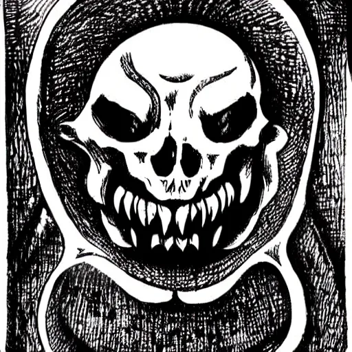 Prompt: Arcane symbol for the chaotic evil earth god of devouring hunger. Death. An open monstrous mouth. Black and white. Medieval woodcut style.