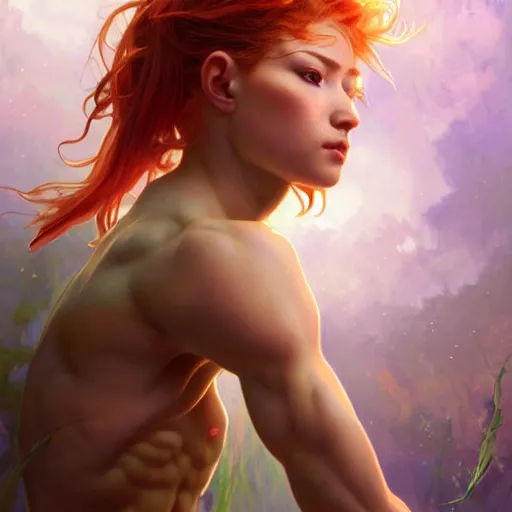 Image similar to beautiful natural fairy small winged redhead martial artist karate fey fae muscular body shortsword greek statue portrait, vivid colors, intricate, elegant, highly detailed, digital painting, artstation, concept art, smooth, sharp focus, illustration, art by artgerm and greg rutkowski and alphonse mucha and loish and wlop