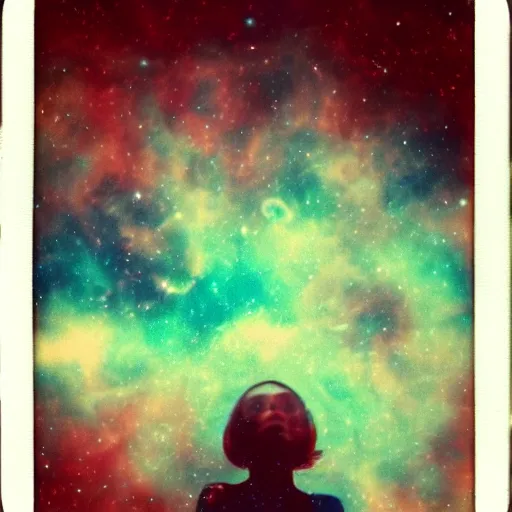 Image similar to vintage polaroid of a woman floating in deep space, detailed clouds, nebula, planets, galaxies, warm azure tones, red color bleed, film grain