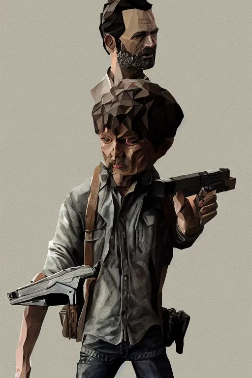 Image similar to rick grimes, paper craft low poly, the walking dead, Diane Arbus, poster, fantasy, medieval, vivid colors, elegant, concept art, sharp focus, digital art, Hyper-realistic, 4K, Unreal Engine, Highly Detailed, HD, Dramatic Lighting by Brom, trending on Artstation