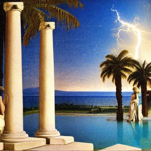 Image similar to Giant columns palace, thunderstorm, greek pool, beach and palm trees on the background major arcana sky, by paul delaroche, magazine photo from 1987, hyperrealistic 8k, very detailed