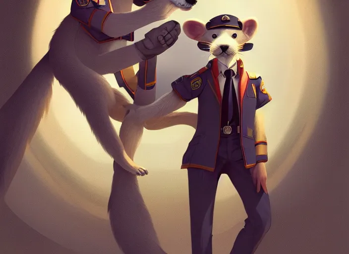 Image similar to character portrait feature of the anthro male anthropomorphic ferret fursona wearing airline pilot outfit uniform professional pilot character design stylized by charlie bowater, ross tran, artgerm, and makoto shinkai, detailed, soft lighting, rendered in octane, airport in background