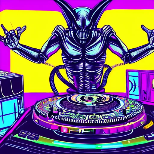 Prompt: Still film of xenomorph playing dj with tomorrowland background, digital art, intricate, 4k, colourful
