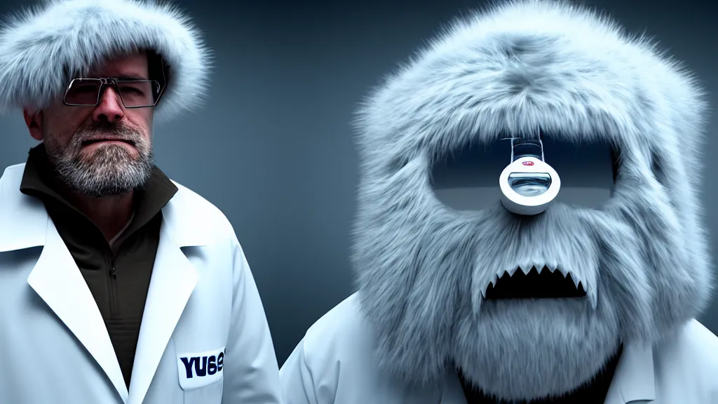 Image similar to a scientist who wears a scientist coat and has a yeti head for a head, 4 k, photorealistic, dramatic lighting