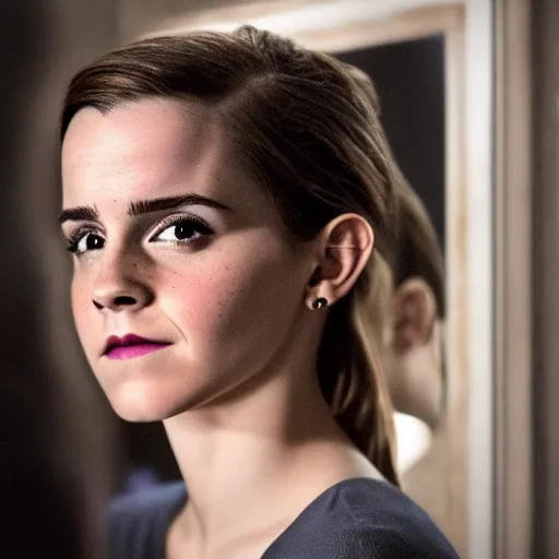 Image similar to emma watson looking in the mirror, dark, intricate, highly detailed, 4 k photorealistic