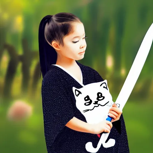 Image similar to kids drawning of a cute kitten with panda body and cat face, in a kimono, holds a sword, by a six years old 4 k