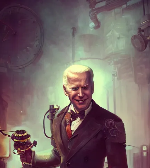 Image similar to portrait of steampunk joe biden cosplaying, by wlop, by simon stalengrad, by ilya repin, bioshock screenshot, photorealistic fan art, detailed shading, intricate abstract, realism