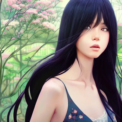 Image similar to a beautiful girl with long black hair, royal garden background, sharp focus, intricate, digital painting, artstation, highly detailed, ambient lighting, portrait by Studio Ghibli, Makoto Shinkai, Rossdraws, artgerm, Ilya Kuvshinov, and Greg Rutkowski