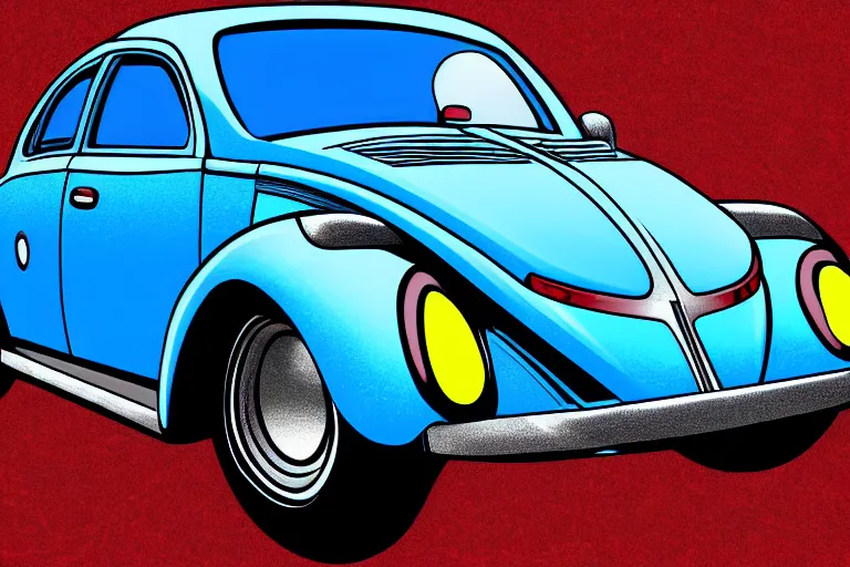 Prompt: a blue beetle car with burgers for wheels, digital art 4 k,