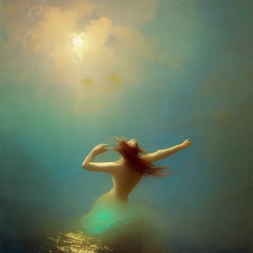 Image similar to a woman swimming underwater by Ivan Aivazovsky and Odilon Redon, skin flaking off like burnt paper, different colored multicolored eyes, long flowing hair underwater, imagination cosmic dream, dreamy, 8k bokeh, award winning , trending on artstation,