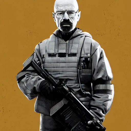 Image similar to Photo of Walter White wearing heavy modern military gear and holding a bulletproof shield, highly detailed, 8k