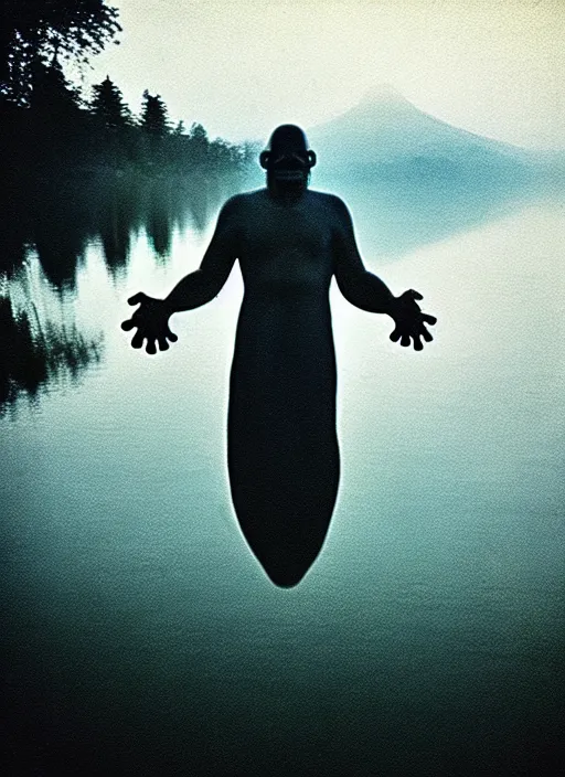 Prompt: “smiling frog vertically hovering above misty lake waters in jesus christ pose, low angle, long cinematic shot by Andrei Tarkovsky, paranormal, eerie, mystical”