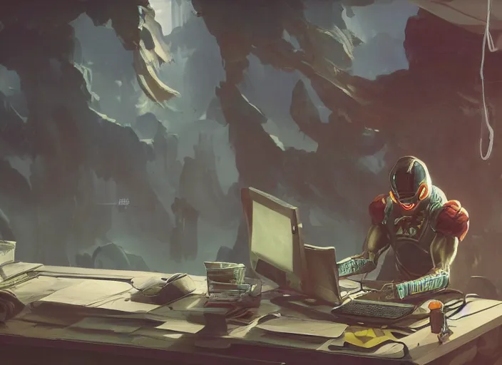 Image similar to an insanely detailed painting of an asian man wearing a homemade superhero costume, sitting at a desk, staring at the nervously at the computer and typing, in the style of peter mohrbacher, dramatic lighting and composition, surreal background, octane render, pixar, trending on artstation, concept art, comic book, view from behind