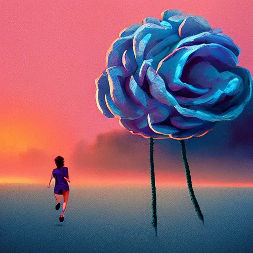 Image similar to portrait, giant rose flower head, woman running at the beach, surreal photography, sunrise, blue sky, dramatic light, impressionist painting, digital painting, artstation, simon stalenhag