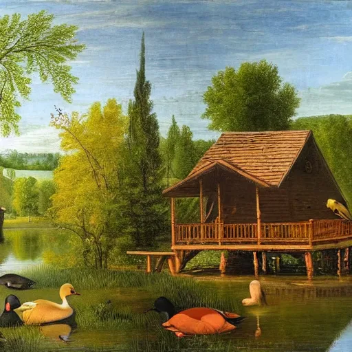 Image similar to two small log cabins on the edge of an idyllic lake that has many lily pads and brightly colored ducks on its surface, behind the cabins there is a small farm plot and a large deciduous forest, people can be seen tending to the area around the cabins, renaissance painting, high quality