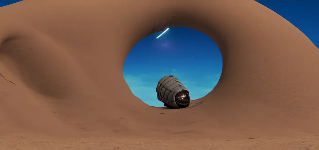 Prompt: pixar style animated shot of sha - hulud sandworm on arrakis, still of disney's dune ( 2 0 2 1 ), octane render, volumetric lighting, cinematic, 3 d animation