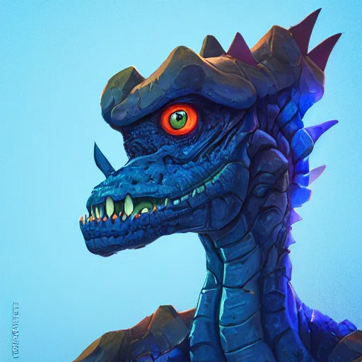 Prompt: portrait of an antropomorphic dilophosaurus creature, reptile face, dark blue scales, angry look, ready for battle, mattepainting concept blizzard pixar maya engine on cold night stylized background splash comics global illumination lighting artstation lois van baarle, ilya kuvshinov, rossdraws