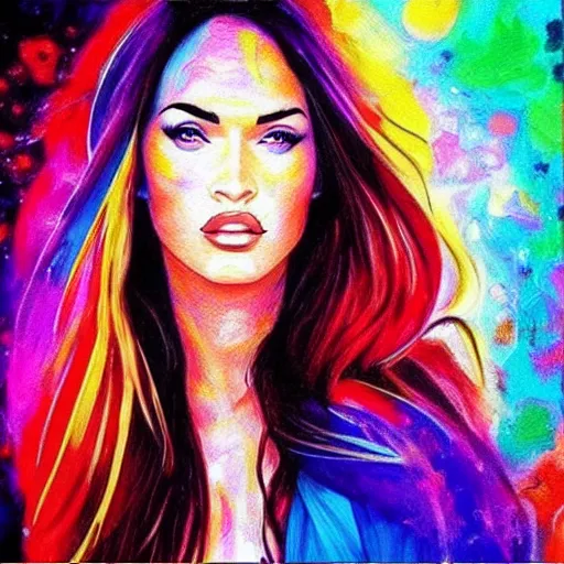 Image similar to “Megan Fox acid paints paintings, ultra detailed portrait, 4k resolution”