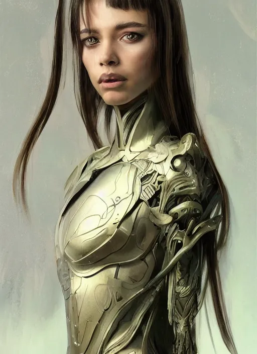 Image similar to a professional painting of a beautiful young female alien, clothed in ethereal armor, olive skin, long dark hair, beautiful bone structure, symmetrical facial features, intricate, elegant, digital painting, concept art, smooth, sharp focus, illustration, from Valerian and the City of a Thousand Planets, by Ruan Jia and Mandy Jurgens and Artgerm and William-Adolphe Bouguerea