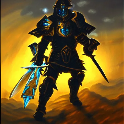 Image similar to A highly detailed matte acrylic painting of a heavily armored paladin wielding a very bright glowing gold sword, fighting in a huge battle at dusk.