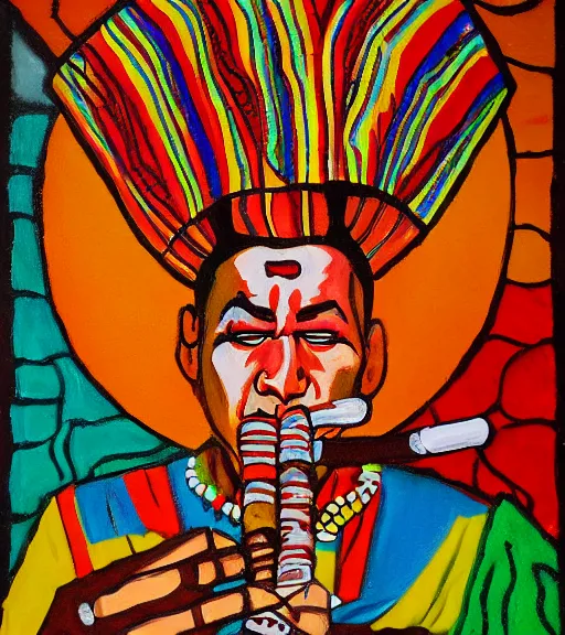 Image similar to Painting of a shaman dressed in a colorful traditional clothes. He is smoking a pipe. From the pipe there is a whole universe escaping and filing the sky