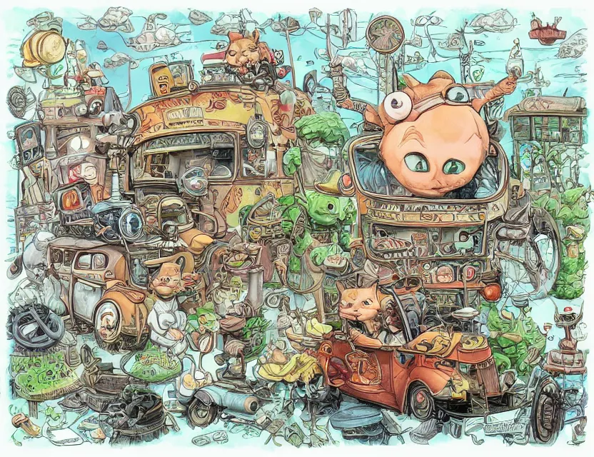 Prompt: cute and funny, a garden gnome driving a steampunk bus, a cat is on the roof holding on for dear life, ratfink style by ed roth, centered award winning watercolor pen illustration, isometric illustration by chihiro iwasaki, edited by range murata, tiny details by artgerm and watercolor girl, symmetrically isometrically centered, sharply focused