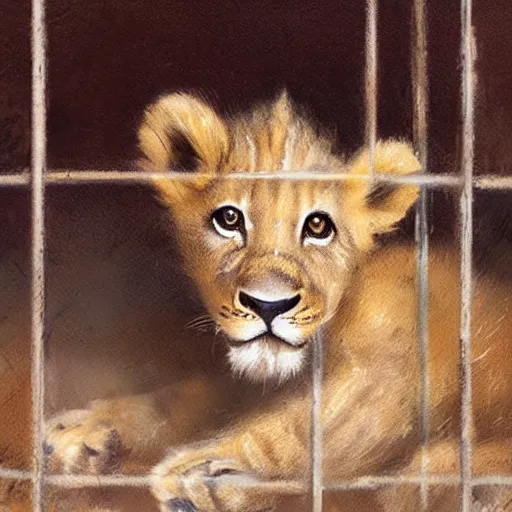 Prompt: adorable lion cub in a cage, oil painting, by greg rutkowski