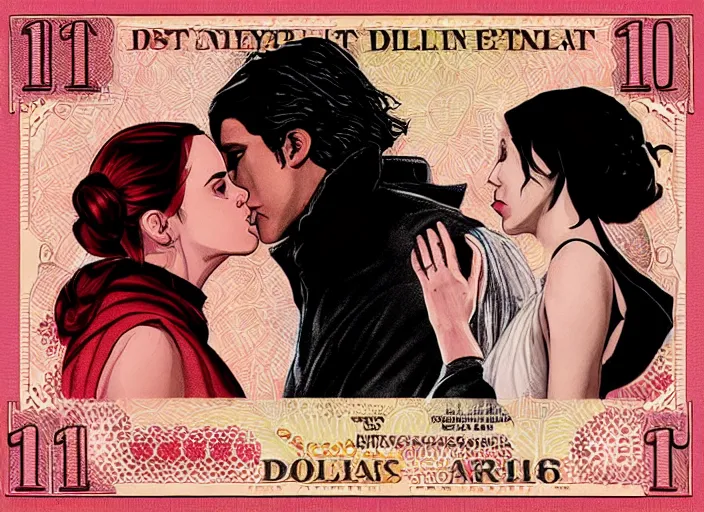 Image similar to reylo kissing, american dollar bill, rey and kylo ren