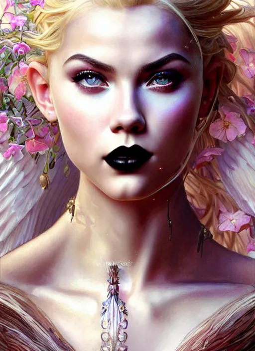 Image similar to ultra realistic illustration, a stunningly beautiful greek gothic goddess of chaos played by jordyn jones and dove cameron and margot robbie and taylor swift and megan fox and adriana lima, intricate, elegant, highly detailed, digital painting, artstation, concept art, smooth, sharp focus, illustration, art by artgerm and greg rutkowski and alphonse mucha