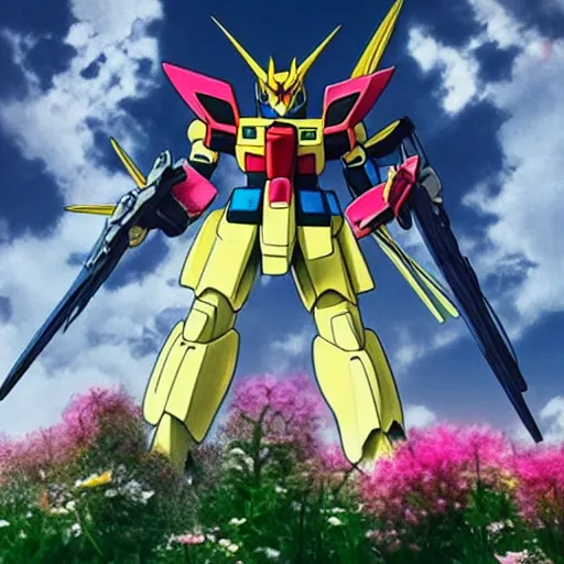 Prompt: Mamoru Nagano Gundam vibes surrounded by flowers