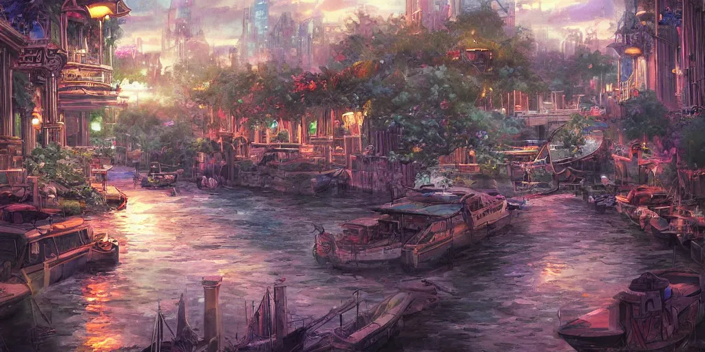 Prompt: magic city with with rivers and aqueducts as streets. various boats. mtg. magic the gathering by yeong hao han