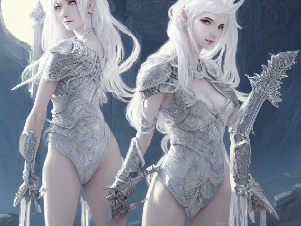 Prompt: portrait white hair knights of zodiac girl, matt white ice color armor, in ruined agora of athens sunrise, ssci - fi and fantasy, intricate and very beautiful and elegant, highly detailed, digital painting, artstation, concept art, smooth and sharp focus, illustration, art by ayanamikodon and tian zi and alphonse mucha