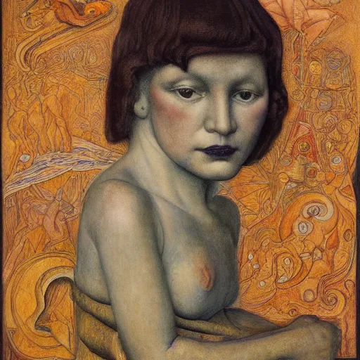 Image similar to the little robor queen, by annie swynnerton and diego rivera and lucien freud and jean delville, symbolist, dramatic lighting, elaborate geometric ornament, head and shoulders view, art brut, soft pastel colors, smooth, sharp focus, extremely detailed, adolf wolfli, leo and diane dillon, nicholas roerich