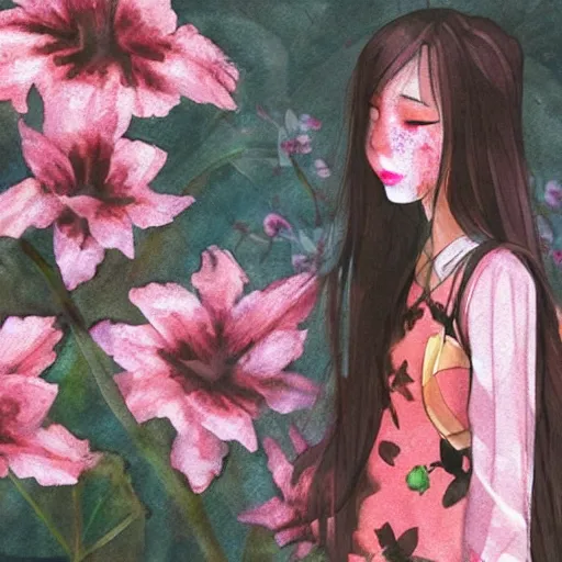 Prompt: flowers, art, girl, clothing, tears, chinese, mao jun